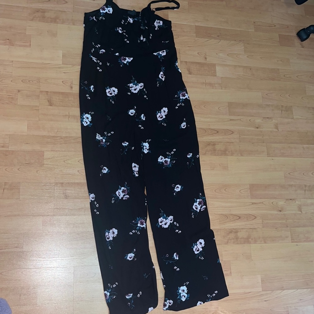 Torrid jumpsuit, black with pink and purple flowers